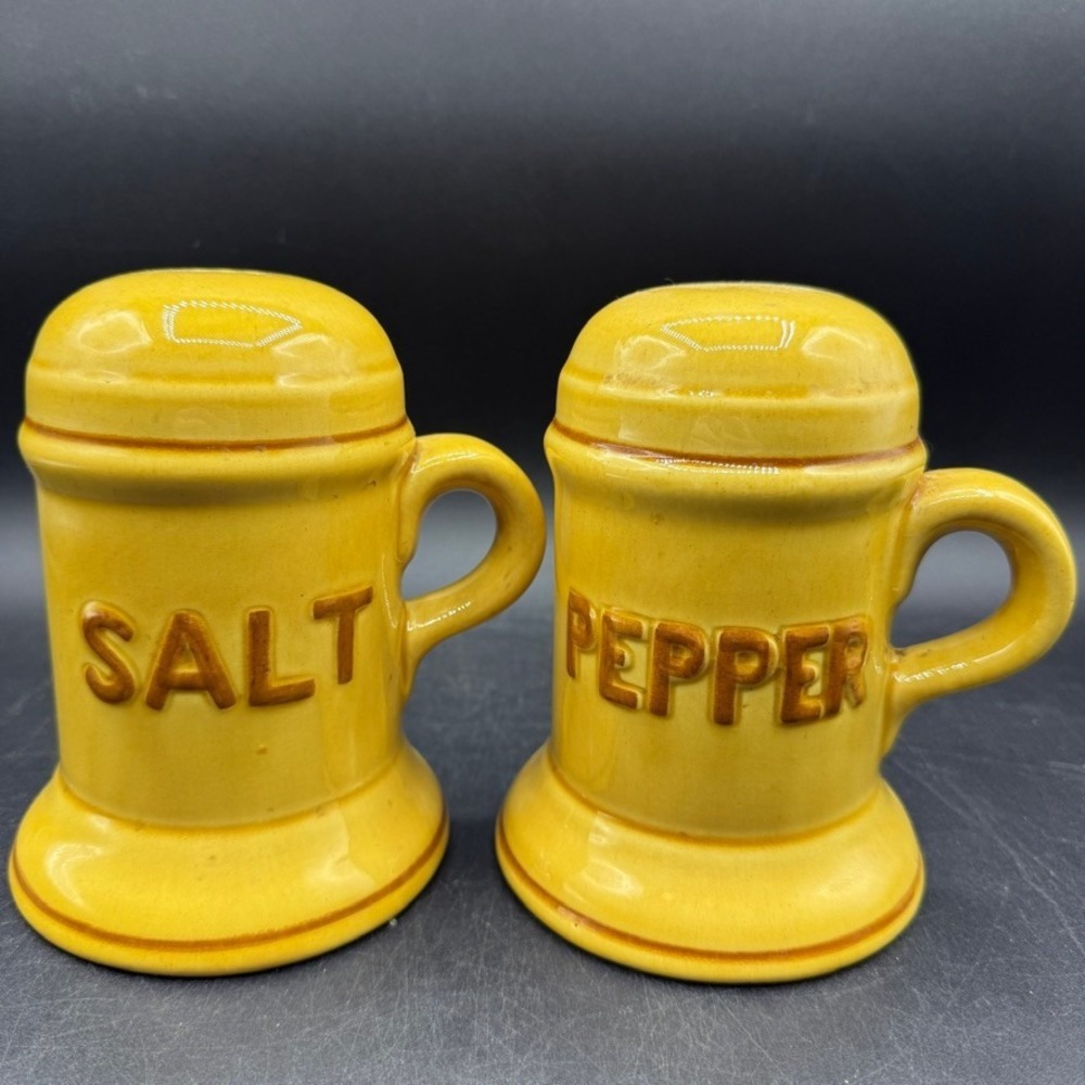 Vintage McCoy Salt Pepper Shakers Yellow Ceramic Mug Big Kitschy Country Funky